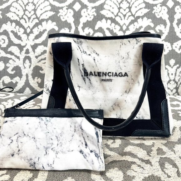 BALENCIAGA Navy Cabas Small Black White Marble Print Tote Bag with Zip Pouch - Picture 7 of 10
